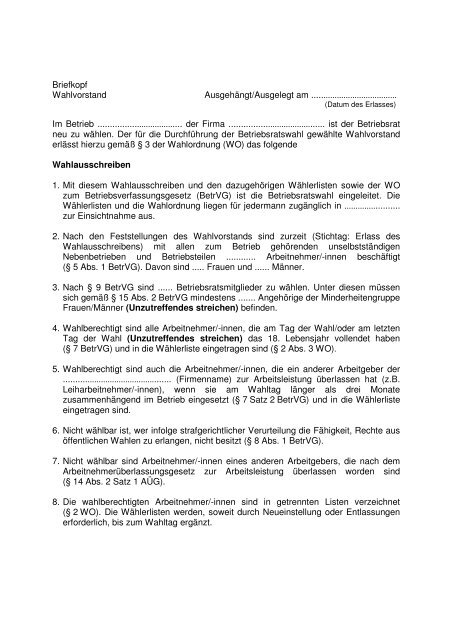 Briefkopf Wahlvorstand Ausgeha Ngt Ausgelegt Am Betriebsrat Com