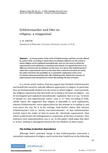 Schleiermacher and Otto on religion: a reappraisal - WRAP ...