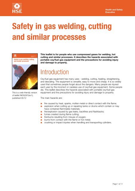 Safety in gas welding, cutting and similar processes - HSE