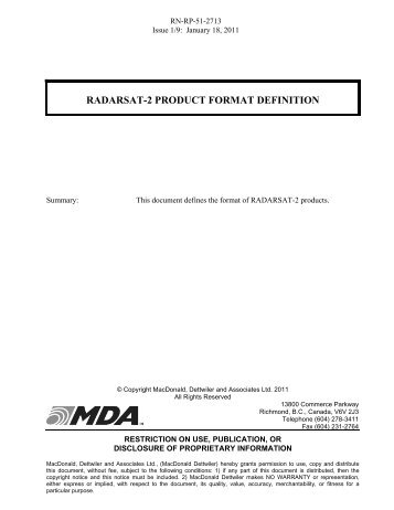 RADARSAT-2 PRODUCT FORMAT DEFINITION