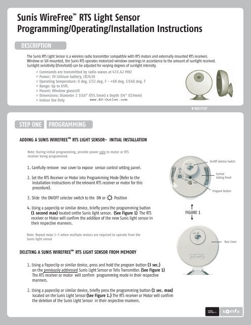 Somfy Sunis Indoor WireFree RTS Sun Sensor - AV Outlet