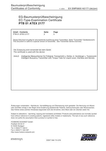 PTB 01 ATEX 2177 - FOXBORO ECKARDT GmbH