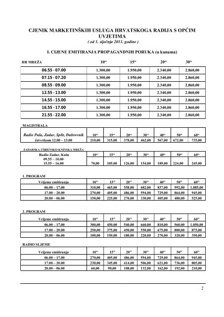 HRVATSKA RADIOTELEVIZIJA CJENIK MARKETINŠKIH USLUGA HR-a S OPĆIM UVJETIMA