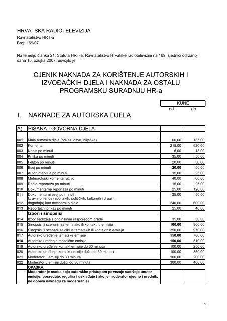 i. naknade za autorska djela cjenik naknada za koriÅ¡tenje ... - HRT