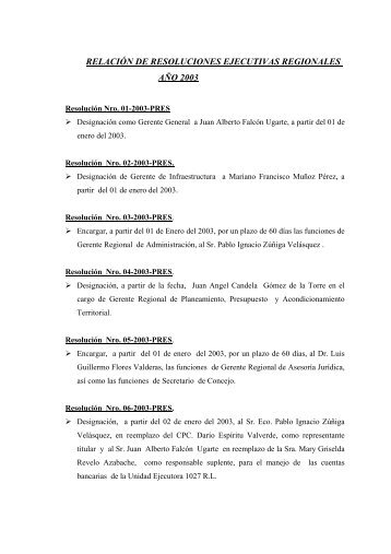 RELACIÓN DE RESOLUCIONES EJECUTIVAS REGIONALES AÑO 2003