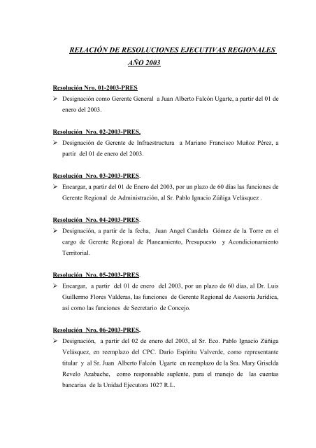 RELACIÓN DE RESOLUCIONES EJECUTIVAS REGIONALES AÑO 2003