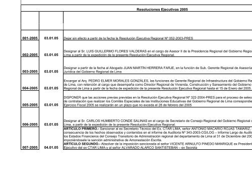 Resoluciones Ejecutivas 2005 001-2005 002-2005 03.01.05 003 ...