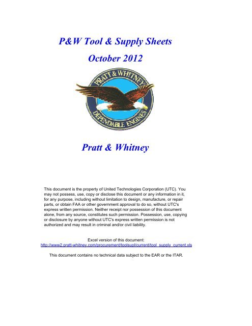 P&W Tool & Supply Sheets October 2012 Pratt & Whitney