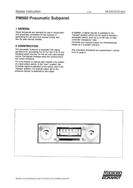 PM960 Pneumatic Subpanel - Foxboro Eckardt