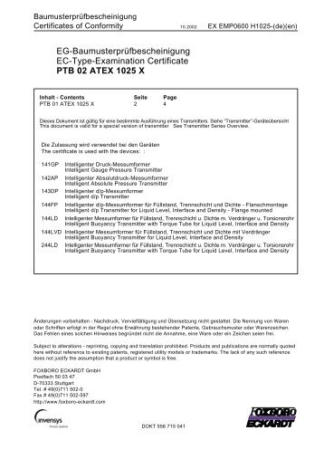 PTB 02 ATEX 1025 X - FOXBORO ECKARDT GmbH