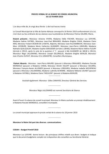 Conseil municipal du 22 fÃ©vrier 2010 - Sainte Adresse