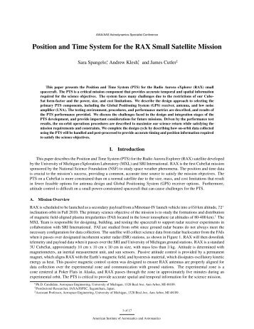 Position and Time System for the RAX Small Satellite Mission