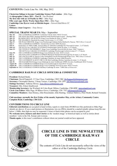 CIRCLE LINE IS THE NEWSLETTER OF THE CAMBRIDGE RAILWAY CIRCLE