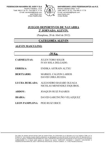 JUEGOS DEPORTIVOS DE NAVARRA 2ª JORNADA ALEVIN CATEGORÍA ALEVIN -30 Kg