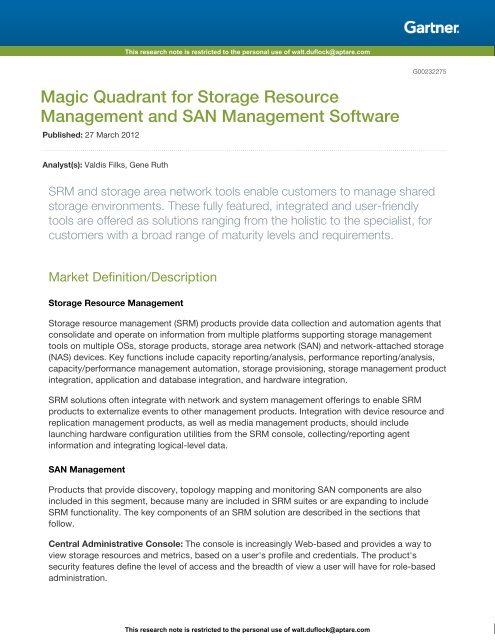 Magic Quadrant for Storage Resource Management and SAN Management Software