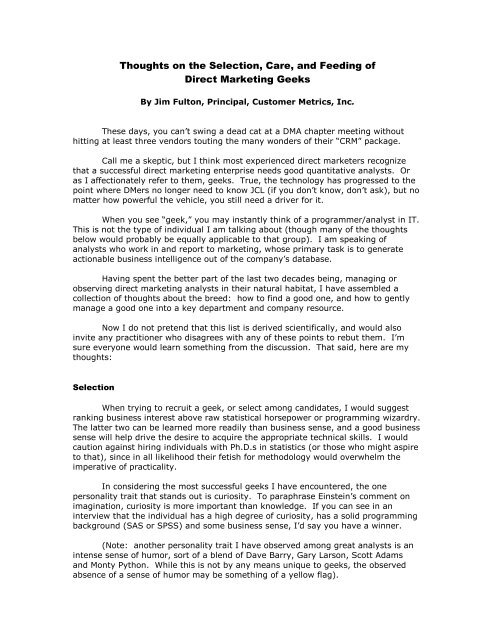 Thoughts On The Selection Care And Feeding Of Direct Marketing Geeks Thoughts On The Selection Care And Feeding Of Direct Marketing Geeks