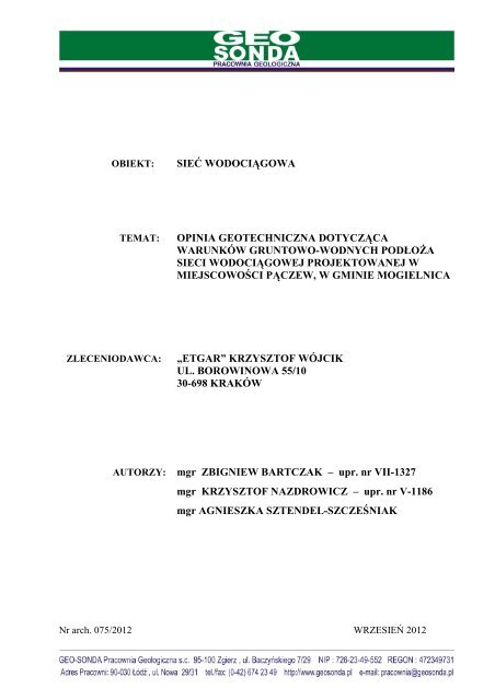Sieä Wodociägowa Opinia Geotechniczna Bipmogielnica