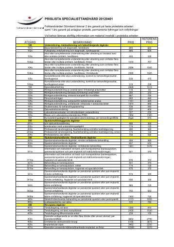 PRISLISTA SPECIALISTTANDVÅRD 20120401