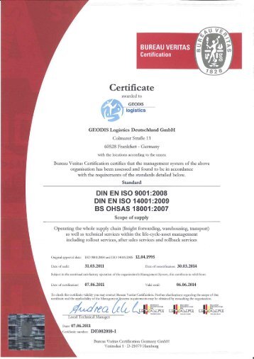 DIN EN ISO 9001 & 14001 and BS - Geodis Logistics - Germany