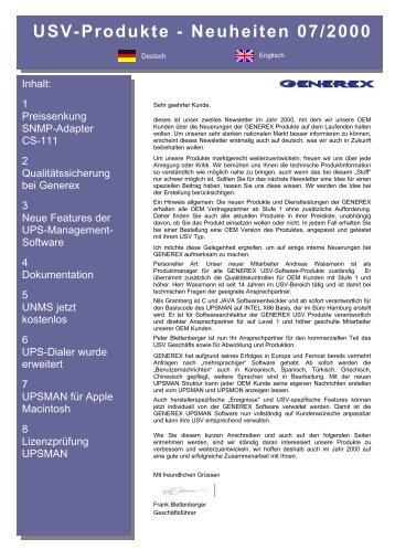 USV-Produkte - Neuheiten 07/2000 - Generex GmbH