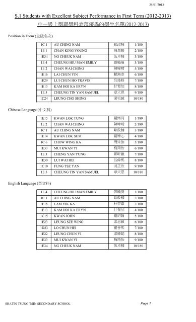 S1 - Shatin Tsung Tsin Secondary School