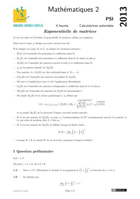 MathÃ©matiques 2 PSI - Concours Centrale-SupÃ©lec