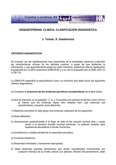 ESQUIZOFRENIA CLINICA CLASIFICACION DIAGNOSTICA J Tomas X Gastaminza