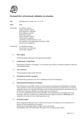 Protokoll fört vid Karlstads ridklubbs styrelsemöte
