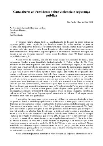 Carta aberta ao Presidente sobre violência e segurança pública