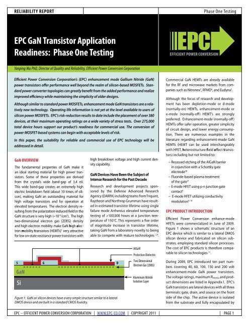 EPC GaN Transistor Application Readiness Phase One Testing Standard relatively