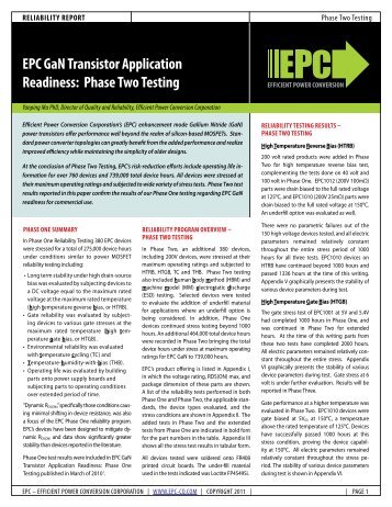 EPC GaN Transistor Application Readiness Phase Two Testing Standard information