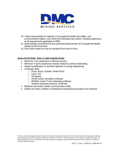 Job Description: Estimator - DMC Mining Services