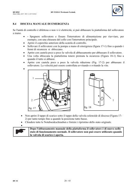 MANUALE DI INSTALLAZIONE E MANUTENZIONE ... - rptools-italia.it