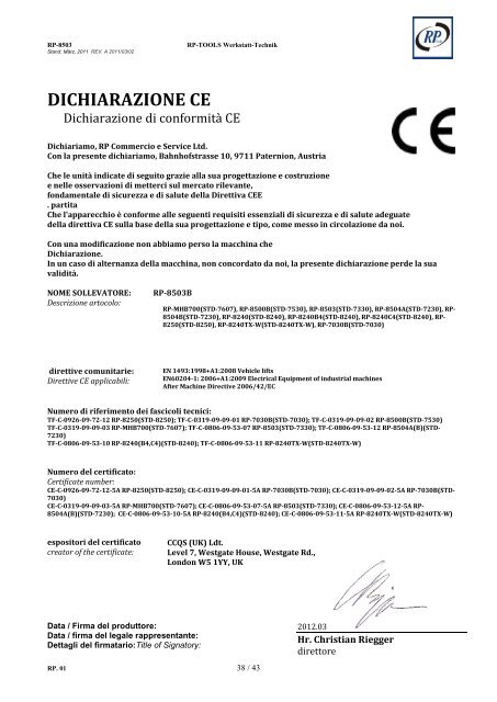 MANUALE DI INSTALLAZIONE E MANUTENZIONE ... - rptools-italia.it