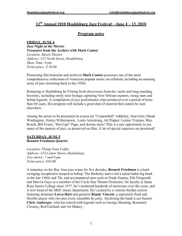 12 Annual 2010 Healdsburg Jazz Festival – June 4 – 13 2010 Program notes