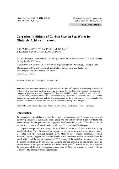 Corrosion Inhibition of Carbon Steel in Sea Water by Glutamic Acid - Zn ...