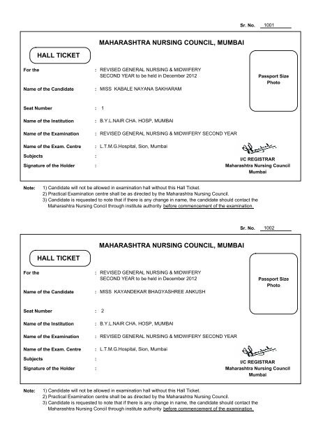 MAHARASHTRA NURSING COUNCIL, MUMBAI HALL TICKET ...