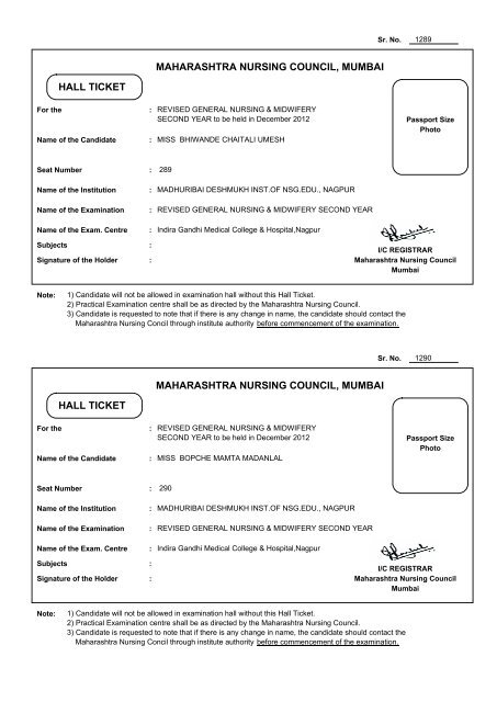 MAHARASHTRA NURSING COUNCIL, MUMBAI HALL TICKET ...