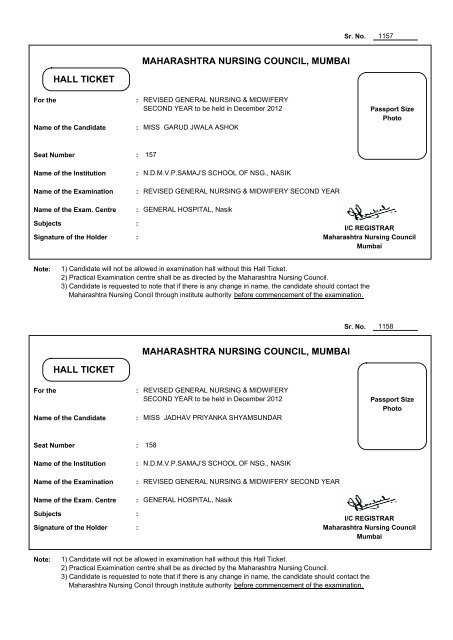 MAHARASHTRA NURSING COUNCIL, MUMBAI HALL TICKET ...