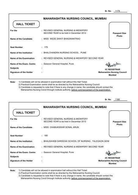 MAHARASHTRA NURSING COUNCIL, MUMBAI HALL TICKET ...