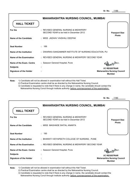 MAHARASHTRA NURSING COUNCIL, MUMBAI HALL TICKET ...