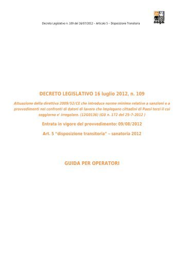 DECRETO LEGISLATIVO 16 luglio 2012 n 109 GUIDA PER OPERATORI