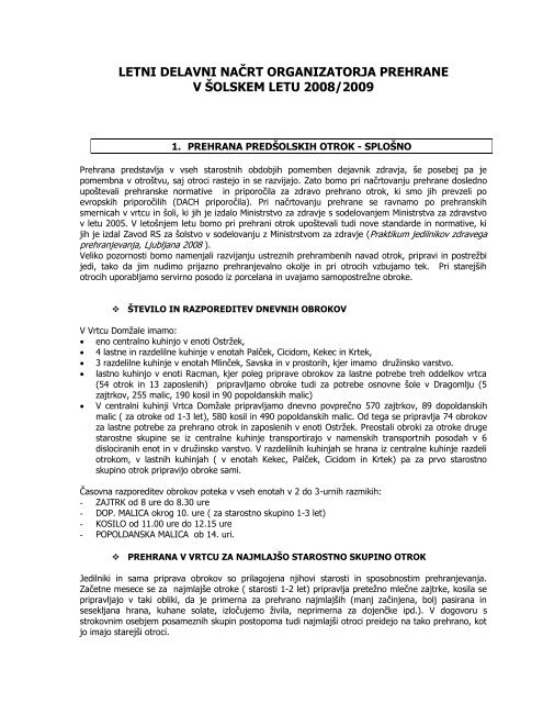 LETNI DELAVNI NAČRT ORGANIZATORJA PREHRANE V ŠOLSKEM LETU 2008/2009