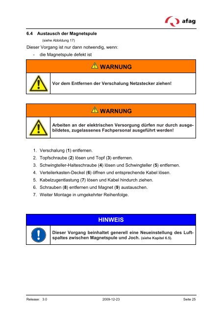 warnung - Afag Handhabungs- und Zuführtechnik