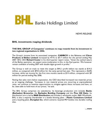 NEWS RELEASE BHL investments reaping dividends