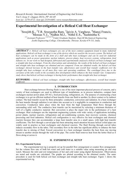 Experimental Investigation of a Helical Coil Heat Exchanger