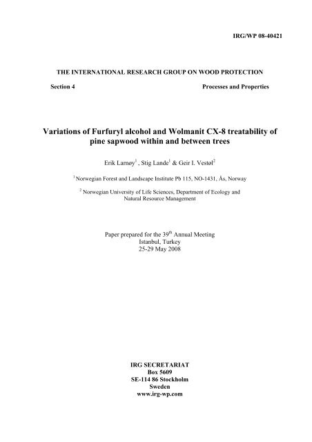 Variations of Furfuryl alcohol and Wolmanit CX ... - Skog og landskap