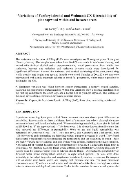 Variations of Furfuryl alcohol and Wolmanit CX ... - Skog og landskap