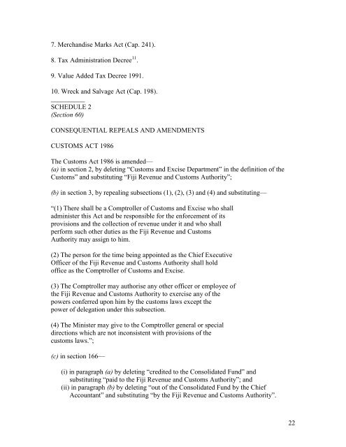 FIJI ISLANDS REVENUE AND CUSTOMS AUTHORITY ACT 1998