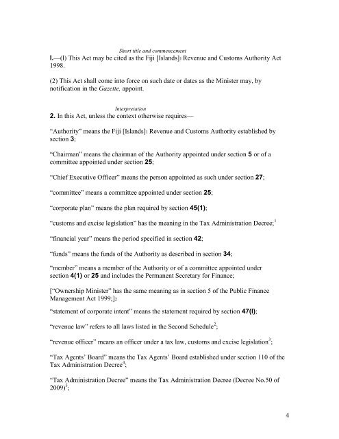 FIJI ISLANDS REVENUE AND CUSTOMS AUTHORITY ACT 1998